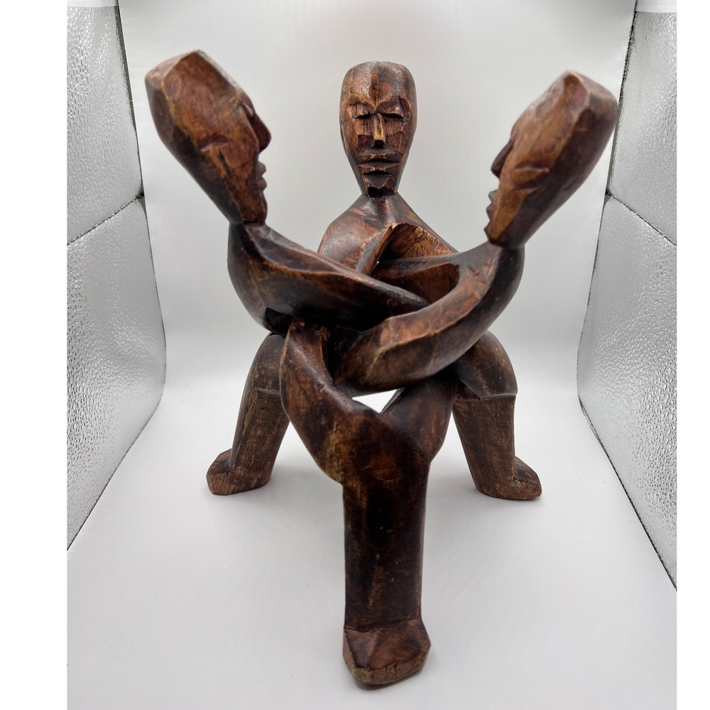 Unbranded Wooden Interlocking Figures Stand 10in Brown Excellent Unity Sculpture